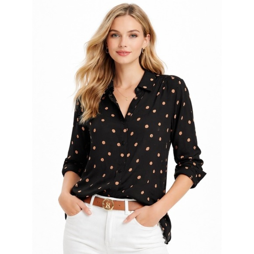 Cosmic‎ Blue Love Kayla Henley Blouse Black Laverne Dot Rayon LP NWT